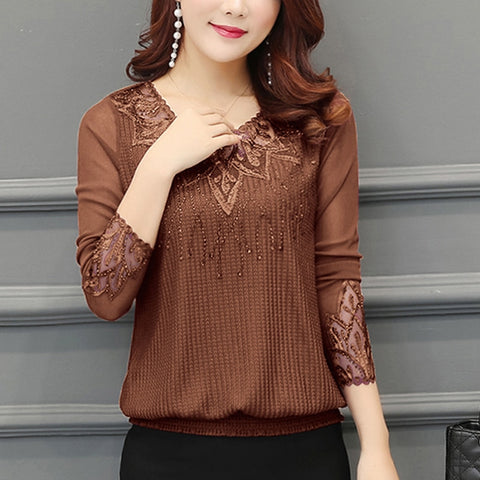 Fall Women Shirt hollow out Long Sleeve Embroidery Sequin